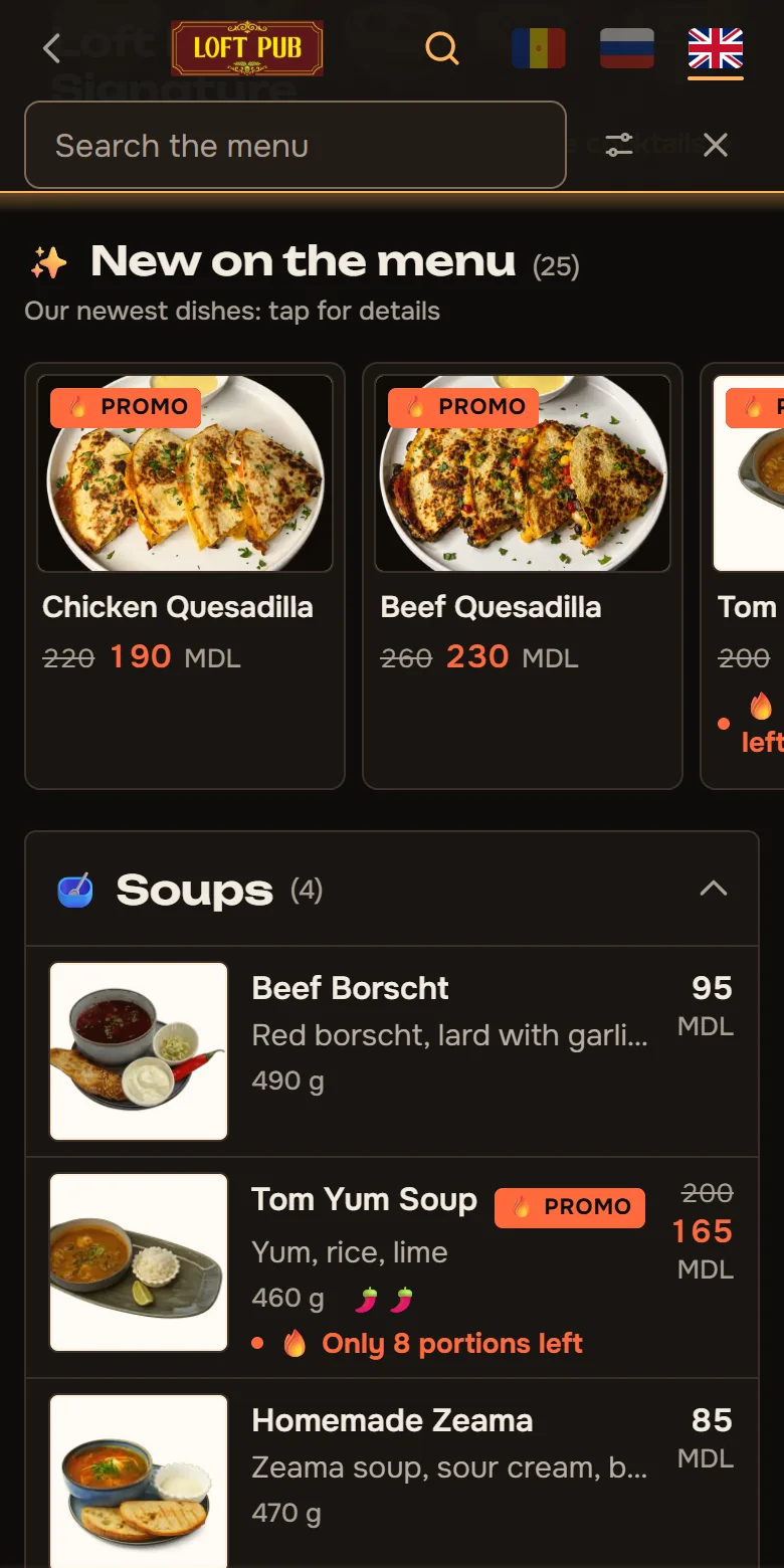 The Loft Pub & Kitchen menu in English on a phone, with search, filters and a portions-left badge